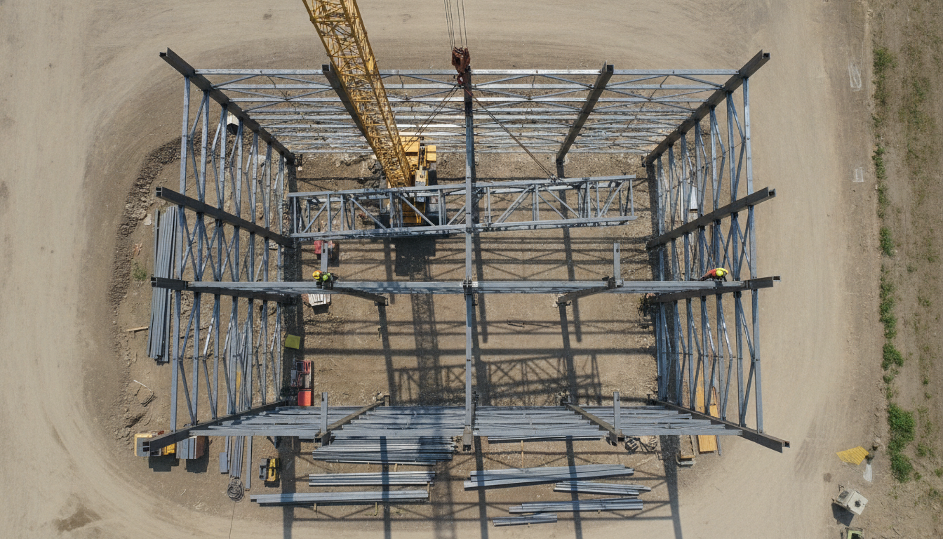 Monta� konstrukcji stalowych: �uraw ustawiaj�cy stalow� ram� na budowie z widocznym stropem betonowym